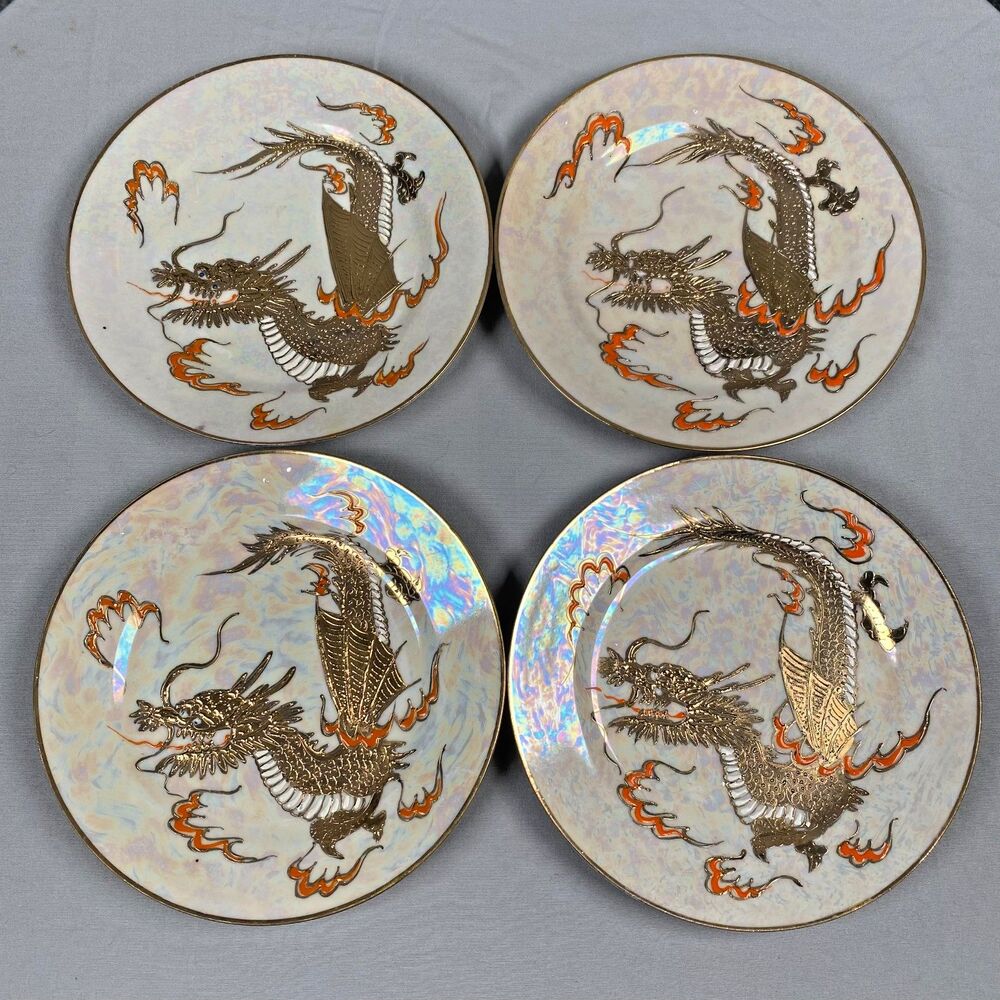 Vintage Hand painted Dragonware 7" Iridescent Plates Set of 4 Made in Japan